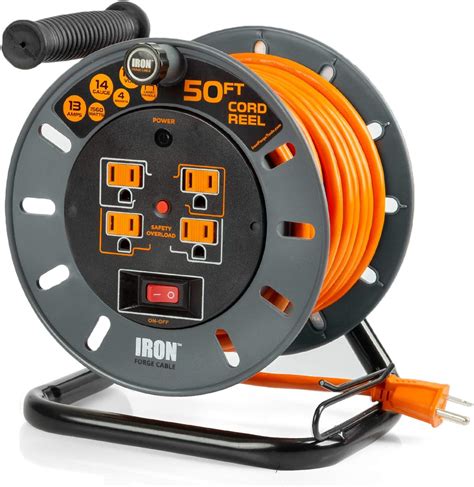 50 Ft Extension Cord Reel with 4 Electrical Power Outlets - 14/3 SJTW Heavy Duty Orange Cable