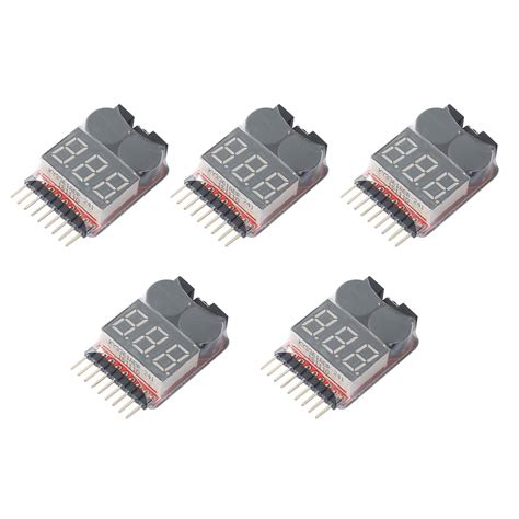 DEVMO 5pcs 1S~8S LiPo Life LiMn Voltage Checker Tester, Low Voltage Warning Alarm Buzzer with LED Indicator fit Remote Control Helicopter Spare Parts Monitor