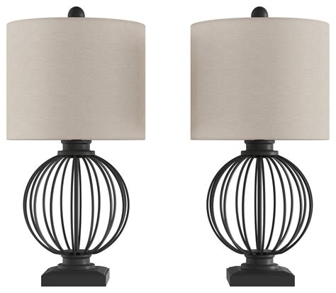 Home Table Lamps-Set of 2 Wrought Iron Open Cage Orb Lights, Bulbs Shades Included-Modern Rustic Decor Lavish, 13” L x 13” W x 26” H, Matte Black and Natural Linen