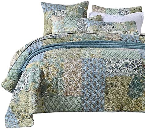 NEWLAKE Bedspread Quilt Set with Real Stitched Embroidery, Bohemian Floral Pattern,King Size